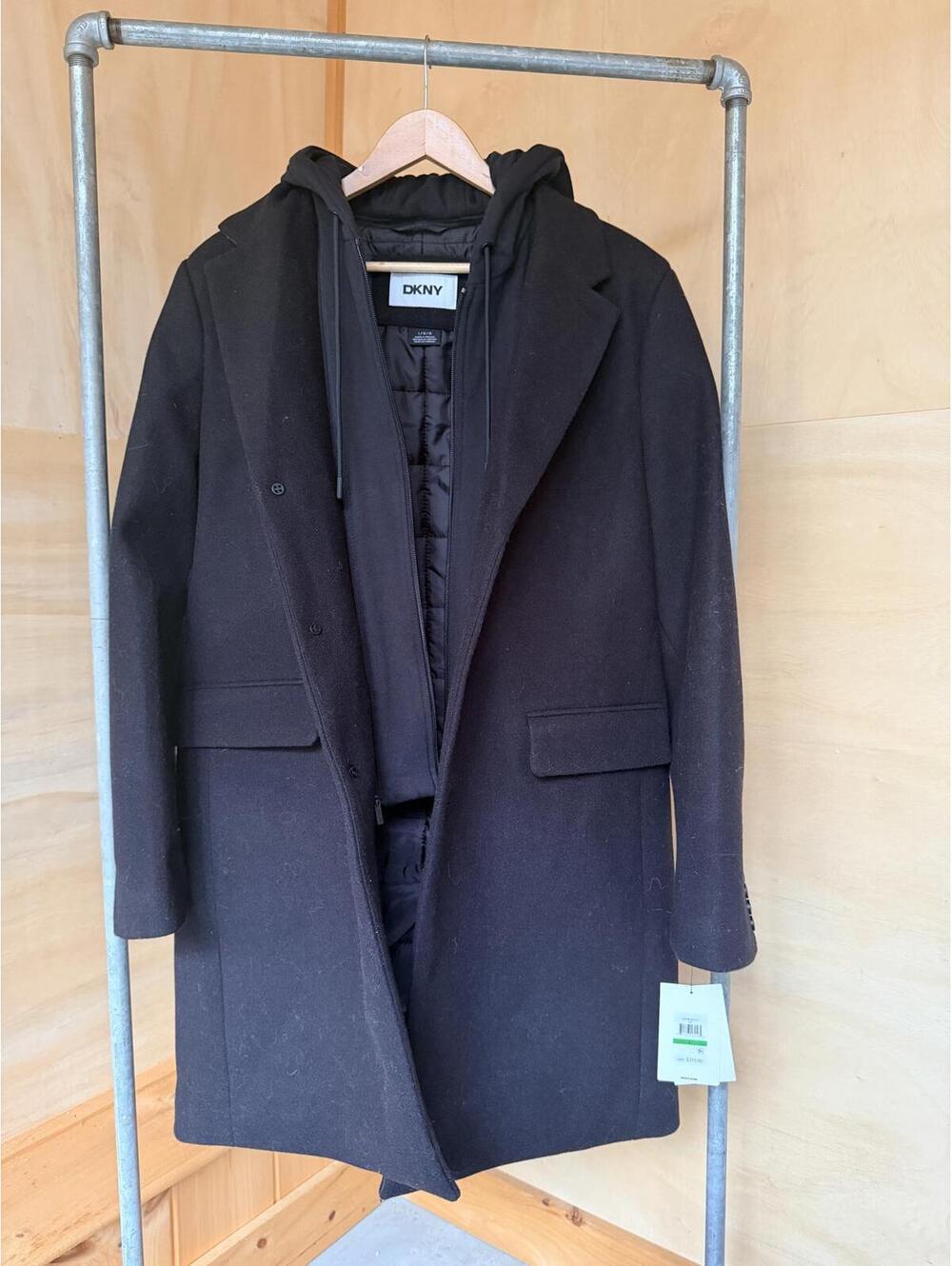NWT DKNY Men’s Black Wool-Blend Hooded Coat Size Large Trench Pea coat